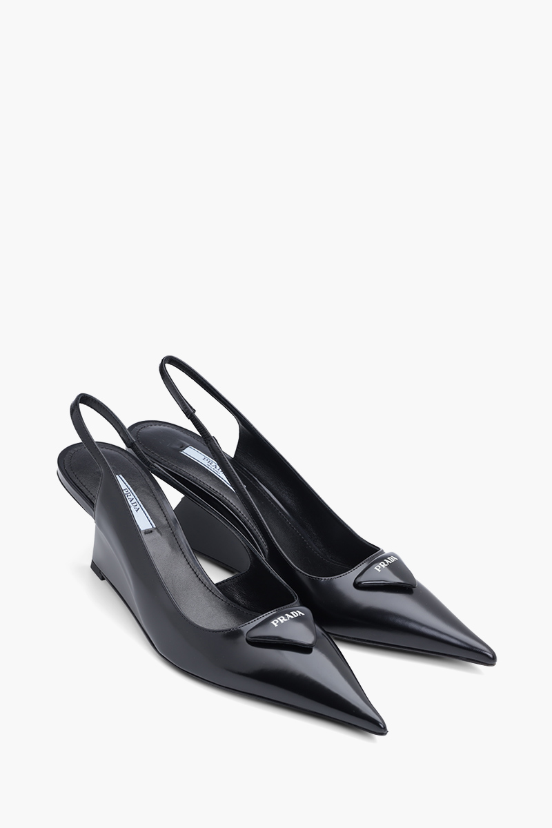 PRADA Triangle Logo Slingback Pumps 65mm in Black Brushed Leather 1