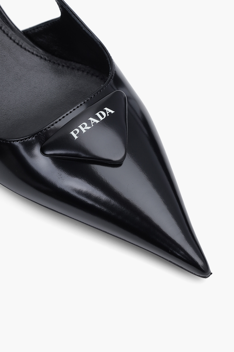 PRADA Triangle Logo Slingback Pumps 65mm in Black Brushed Leather 4