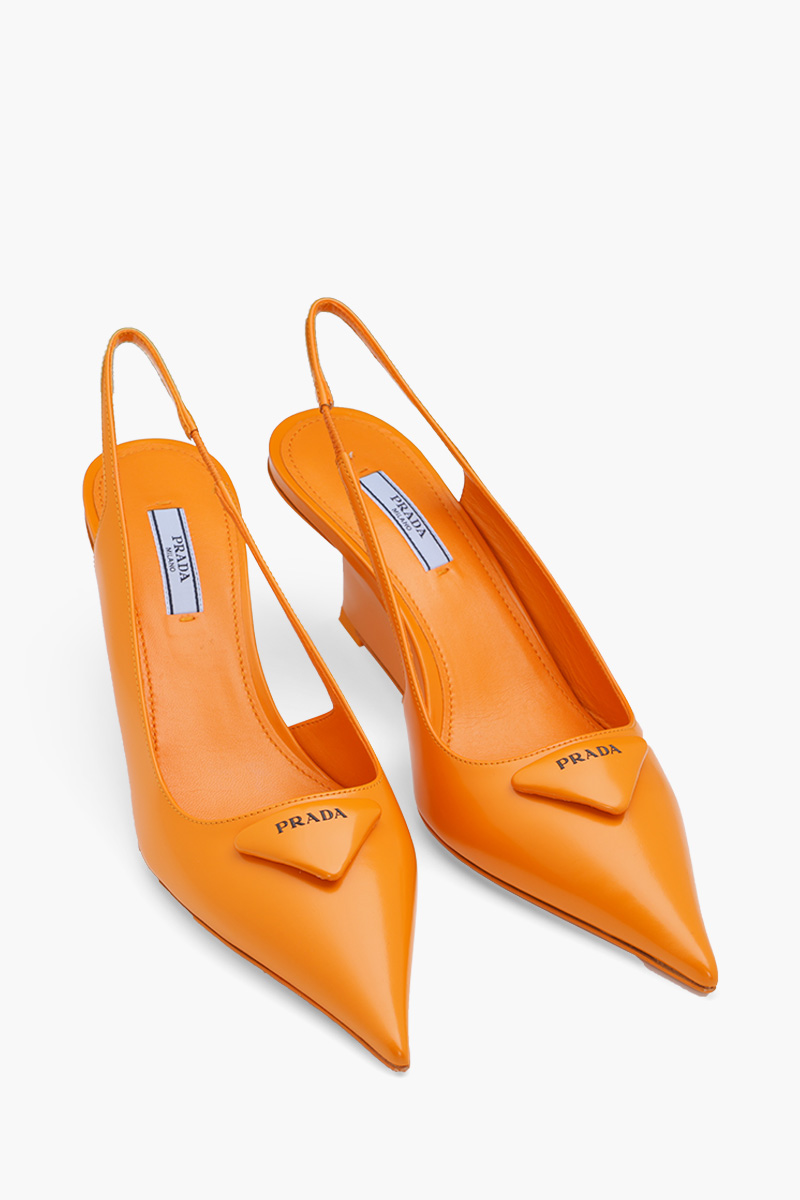 PRADA Triangle Logo Slingback Pumps 65mm in Orange Brushed Leather 1