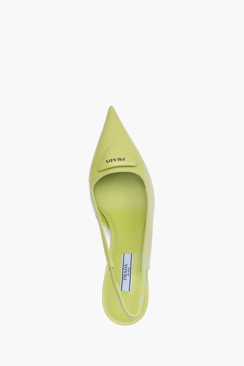 PRADA Triangle Logo Slingback Pumps 65mm in Lime Green Brushed Leather 3