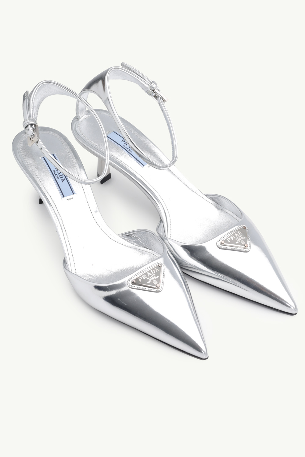 PRADA Women Triangle Logo Slingback 65mm in Silver Laminated Leather 1