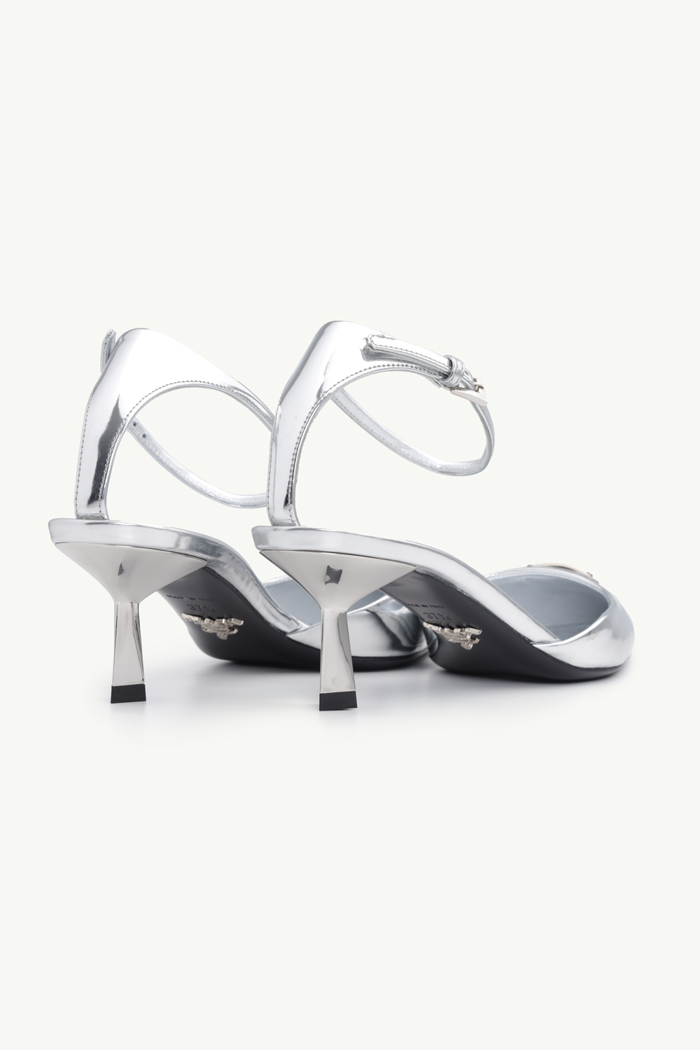 PRADA Women Triangle Logo Slingback 65mm in Silver Laminated Leather 2