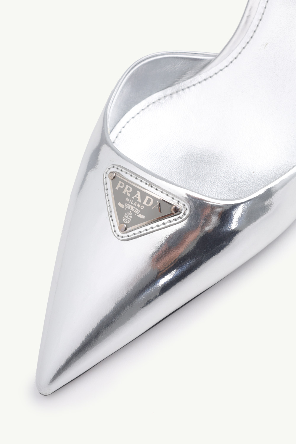 PRADA Women Triangle Logo Slingback 65mm in Silver Laminated Leather 4