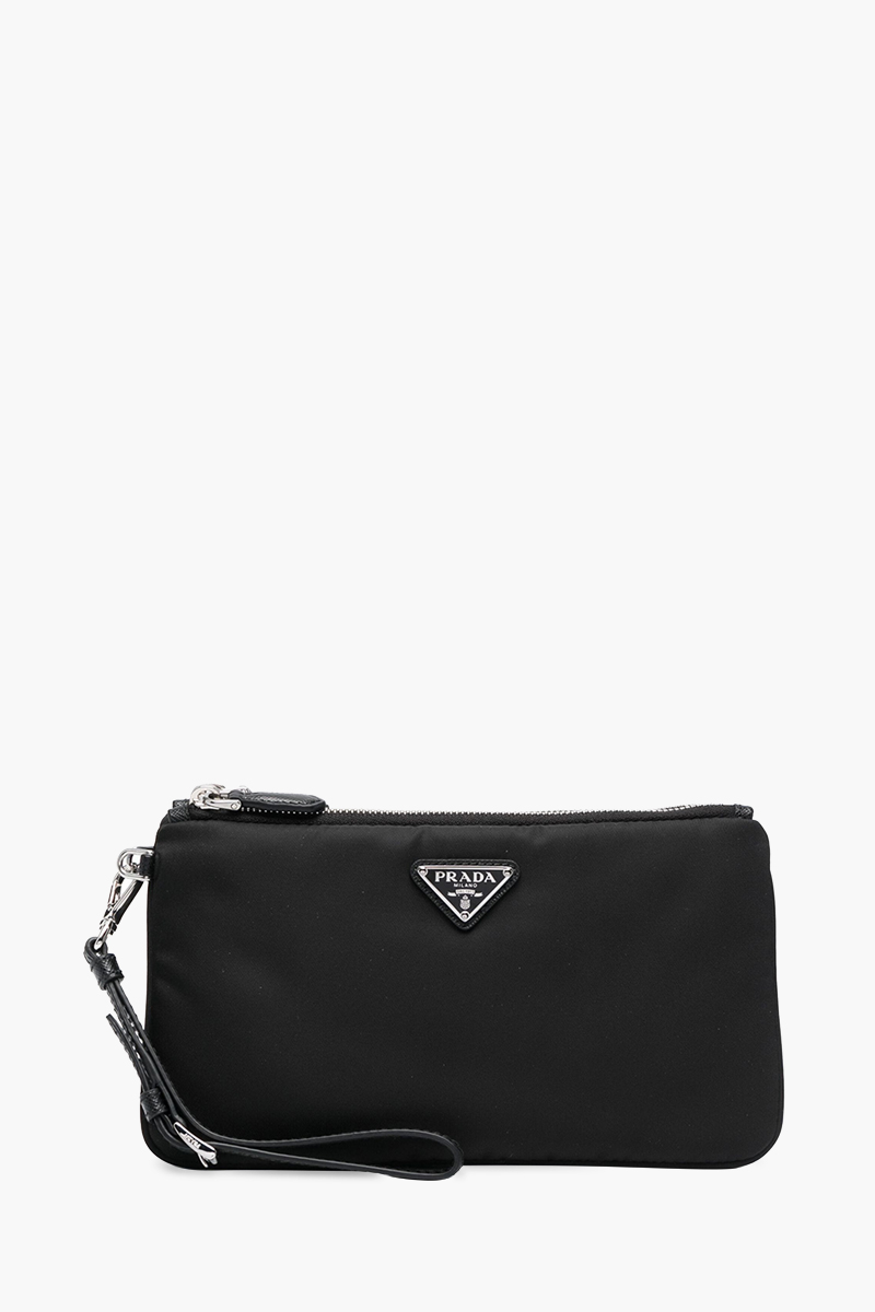 PRADA Re-Nylon Partitioned Zip Clutch in Black with Wrist Strap 0