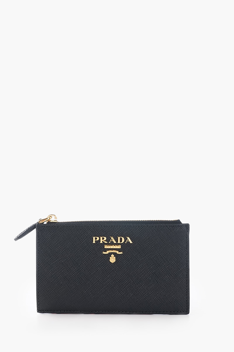 PRADA Logo Plaque Card Holder in Black Saffiano Leather 0