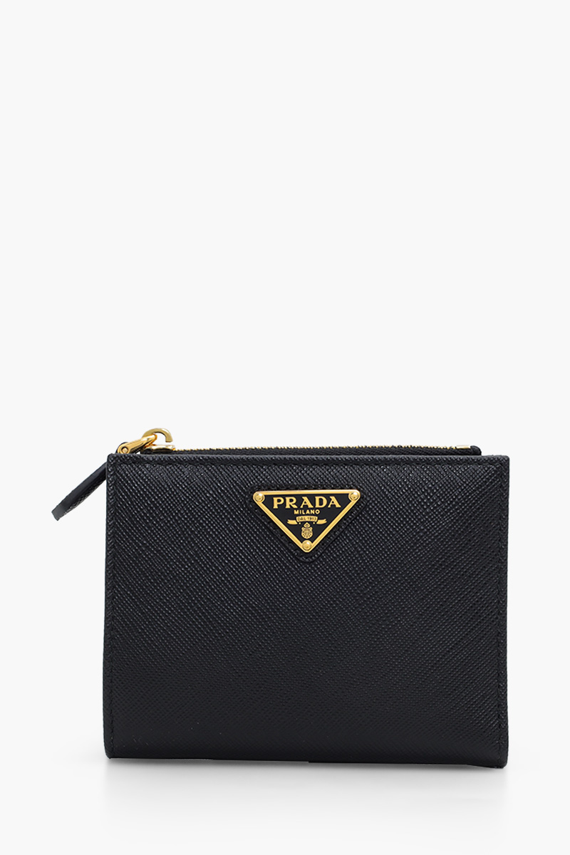 PRADA Small Triangle Logo Flap Wallet in Black Saffiano Leather with Zipped Coin 0