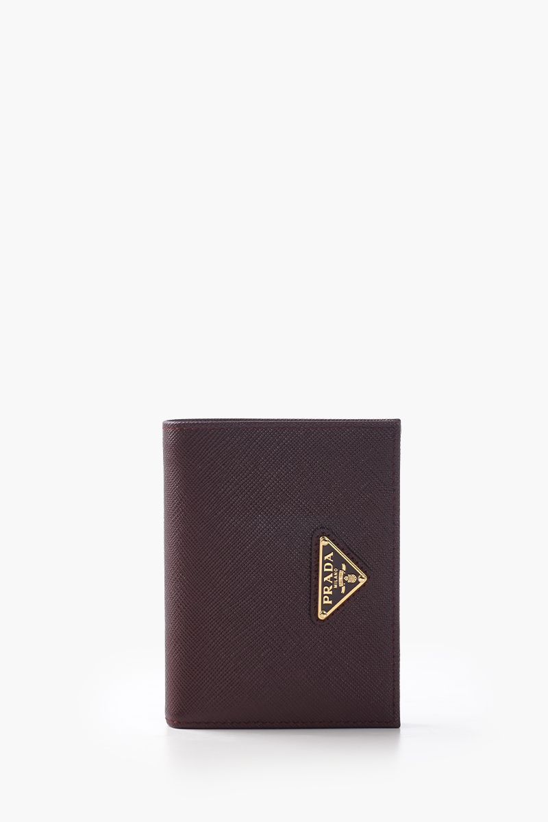 PRADA Small Triangle Logo Flap Wallet in Bordeaux Saffiano Leather 0