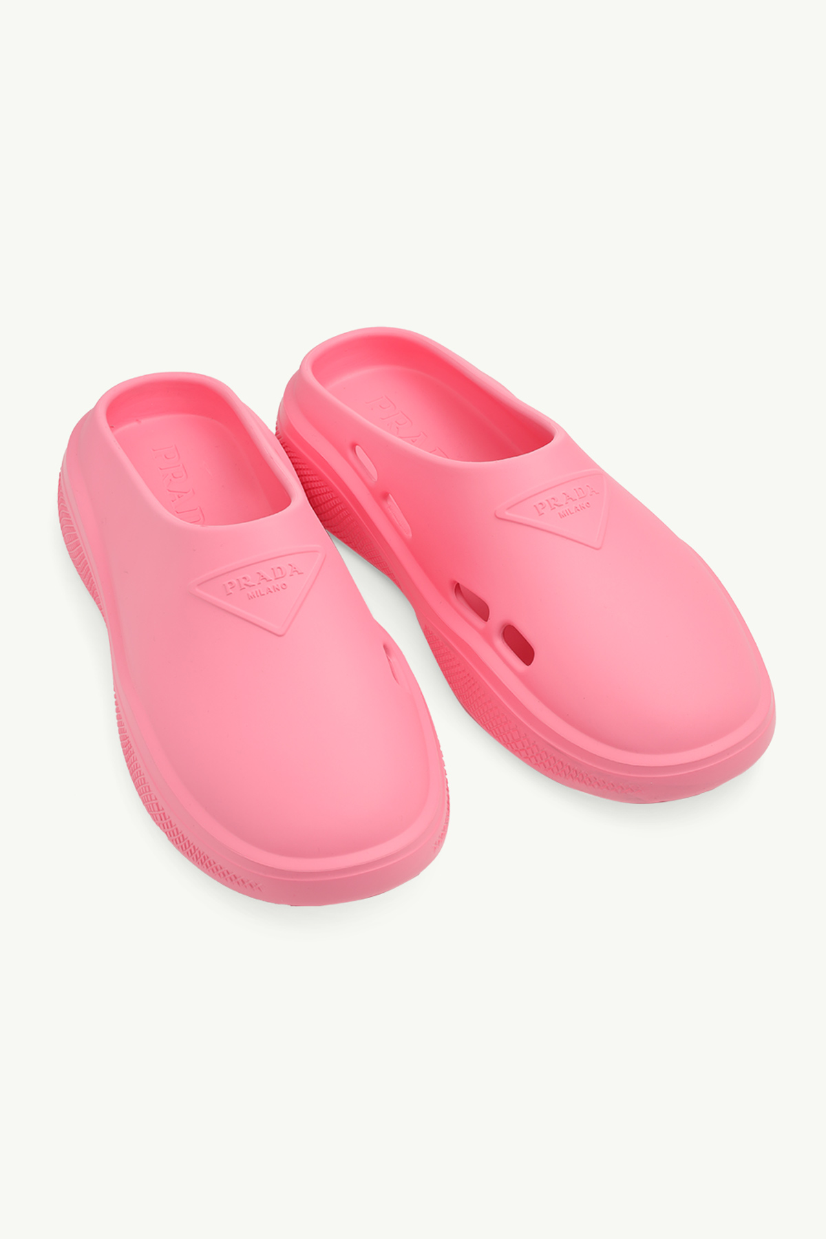 PRADA Women Embossed Triangle Logo Foam Rubber Mules in Begonia Pink 1