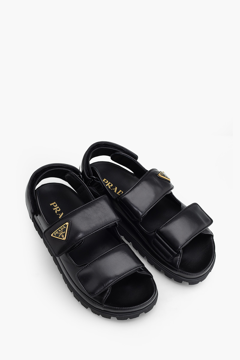 PRADA Women Logo Plaque Quilted Sandals in Black Nappa Leather 1