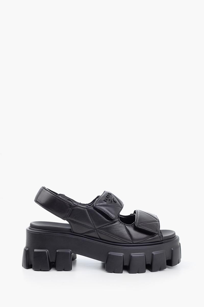 PRADA Women Triangle Logo Quilted Sandals in Black Leather 0