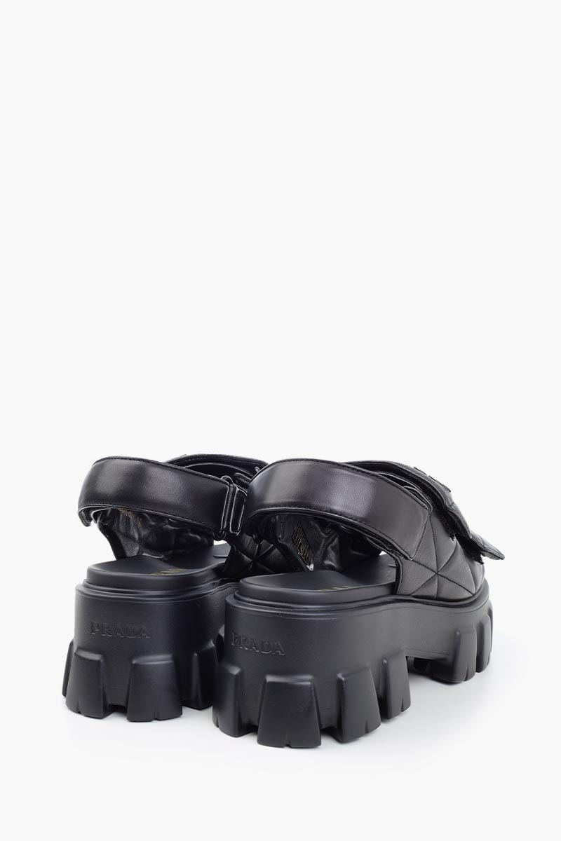 PRADA Women Triangle Logo Quilted Sandals in Black Leather 1