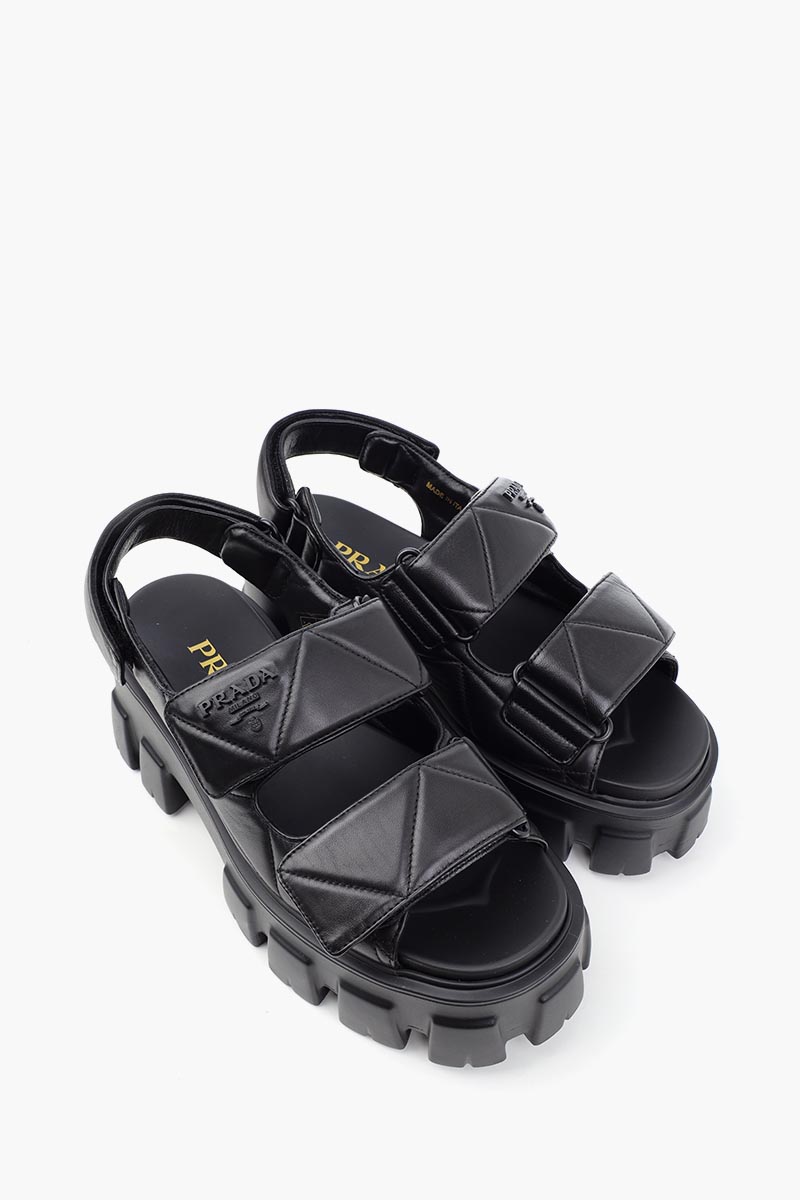 PRADA Women Triangle Logo Quilted Sandals in Black Leather 2
