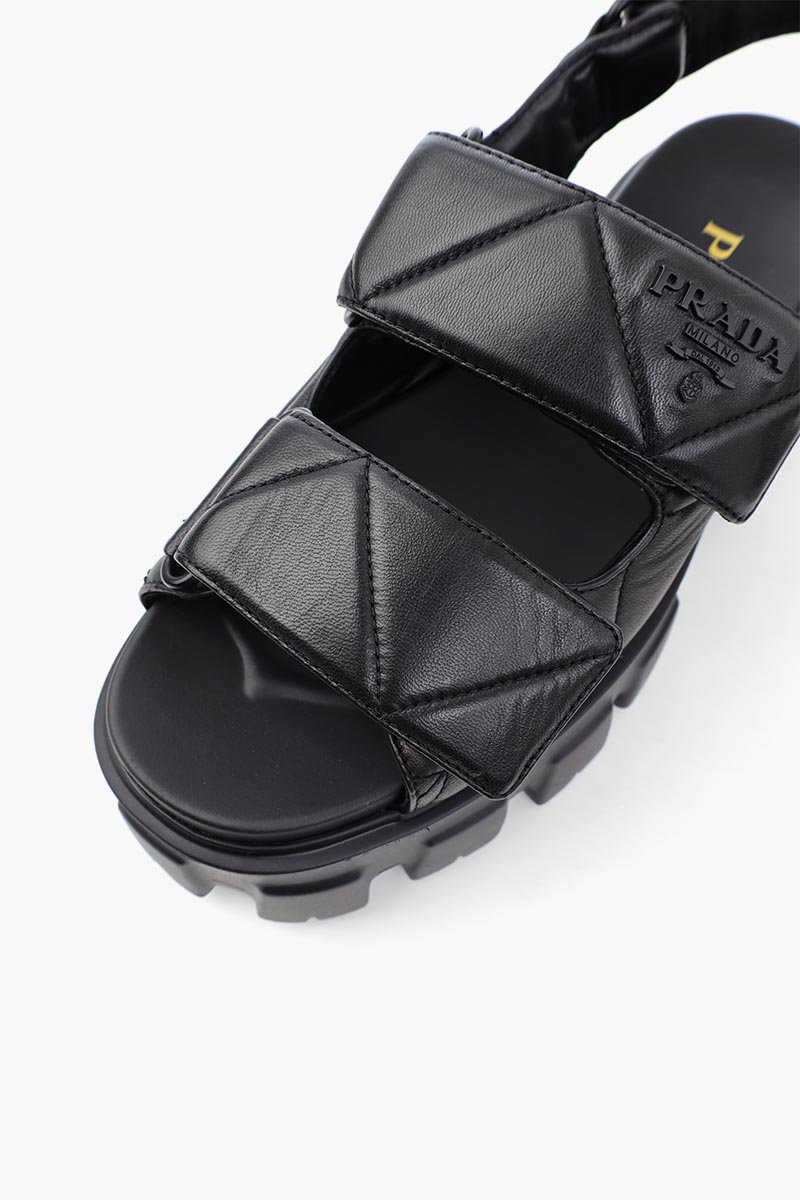 PRADA Women Triangle Logo Quilted Sandals in Black Leather 4