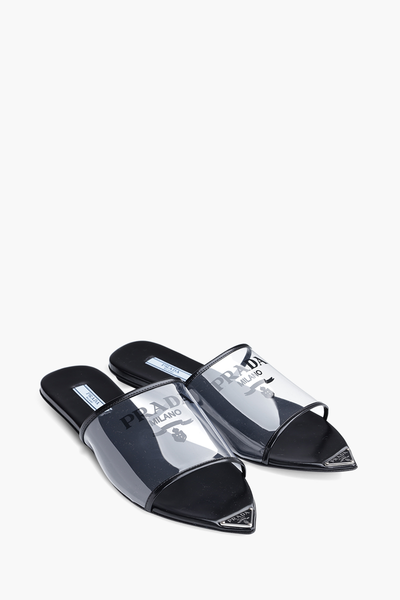 PRADA Women Logo Print Plexiglas Flat Slides in Black with Triangle Logo on Sole 1