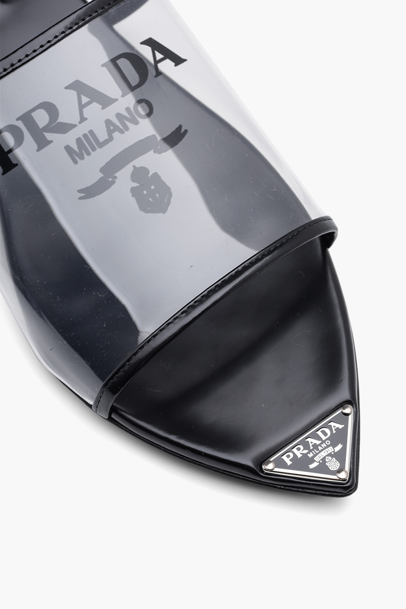 PRADA Women Logo Print Plexiglas Flat Slides in Black with Triangle Logo on Sole 4