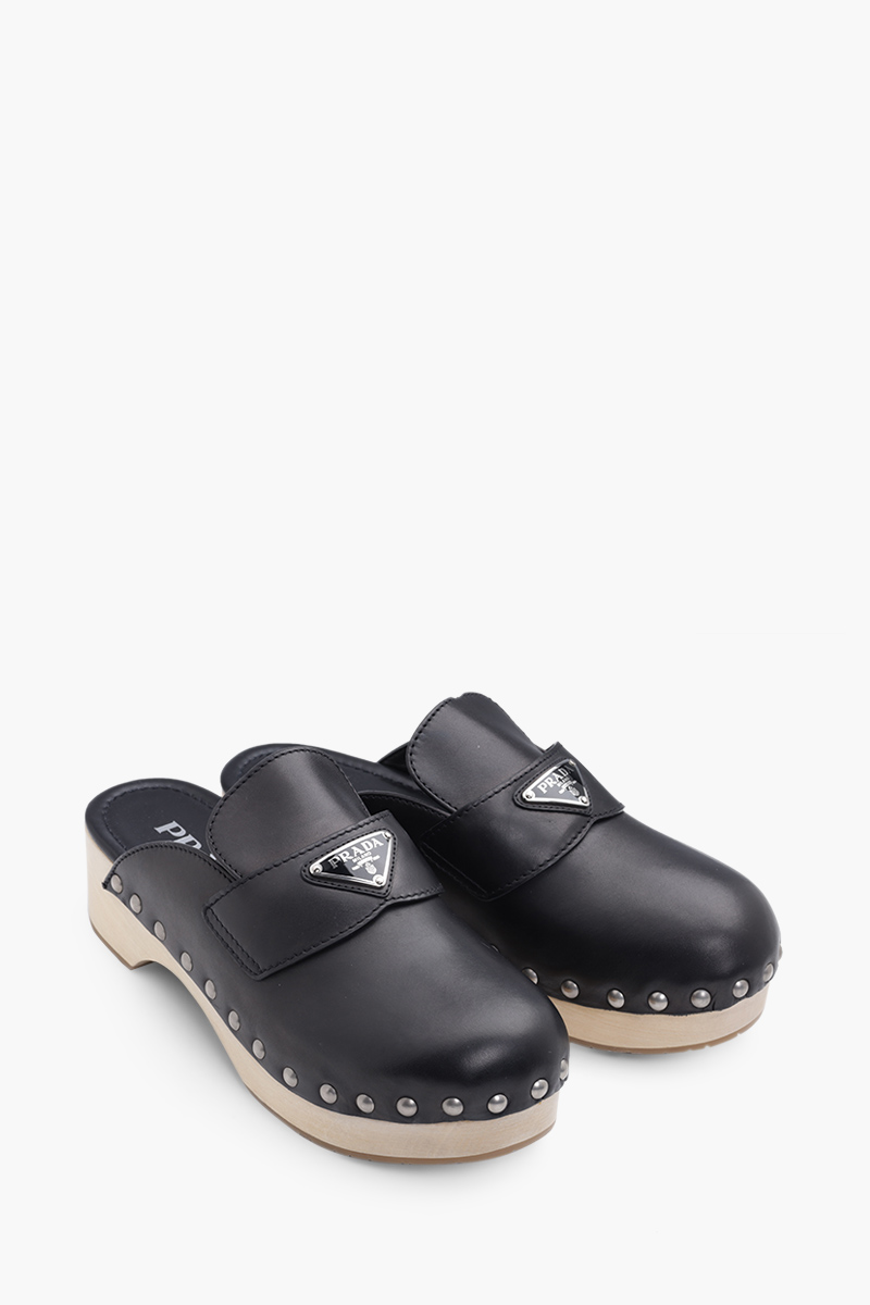 PRADA Women Triangle Logo Studded Slides 45mm in Black/Beige Leather Clogs 1