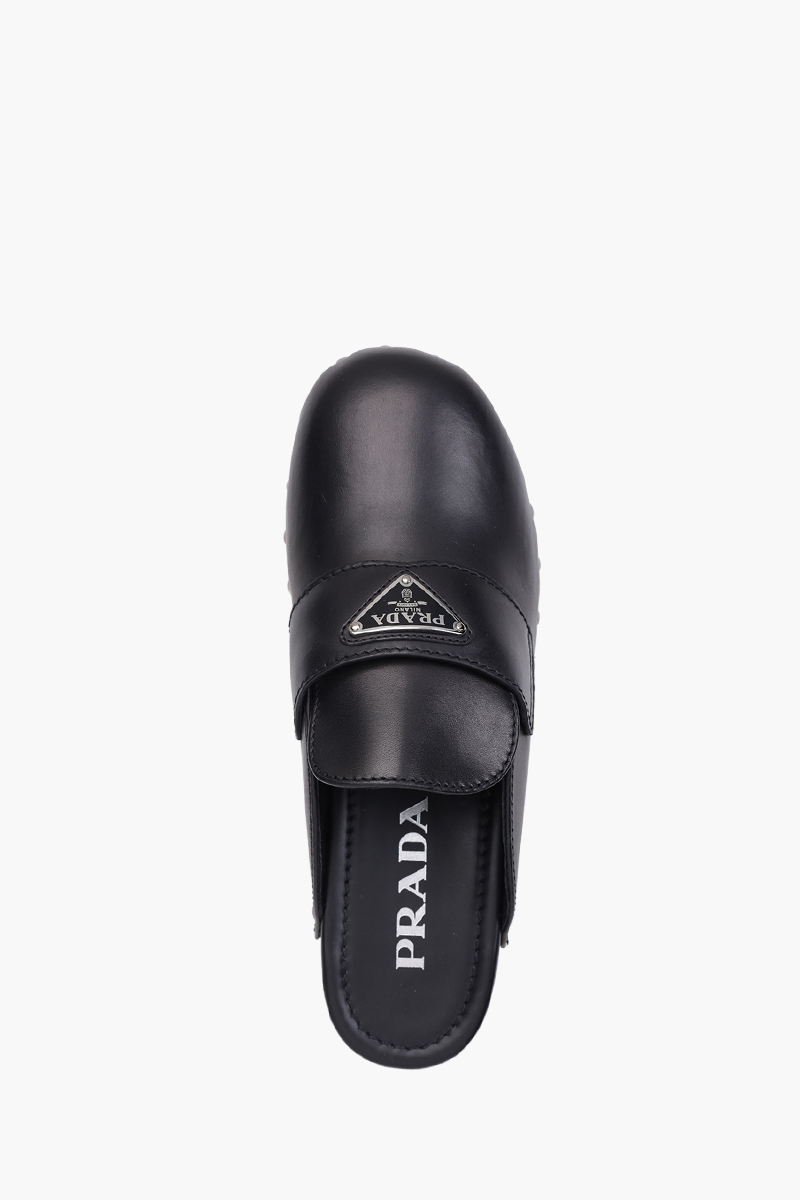 PRADA Women Triangle Logo Studded Slides 45mm in Black/Beige Leather Clogs 3