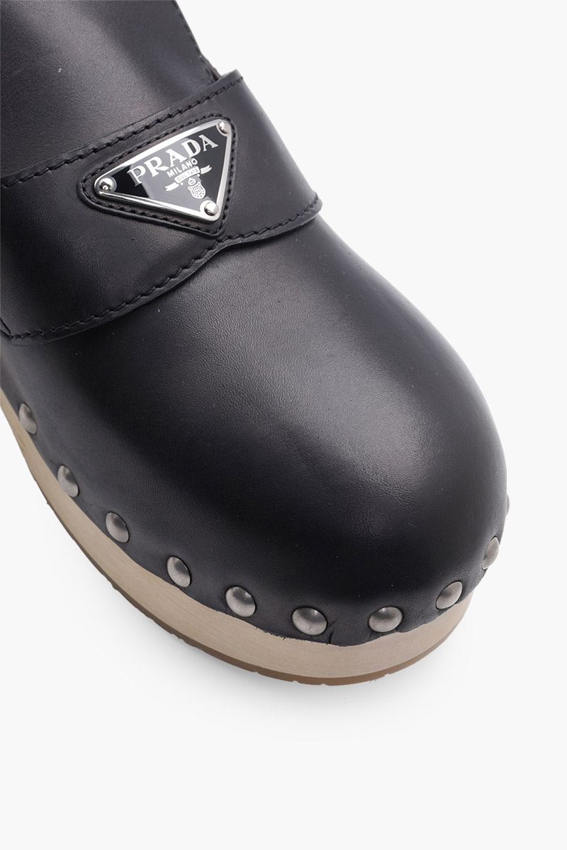 PRADA Women Triangle Logo Studded Slides 45mm in Black/Beige Leather Clogs 4