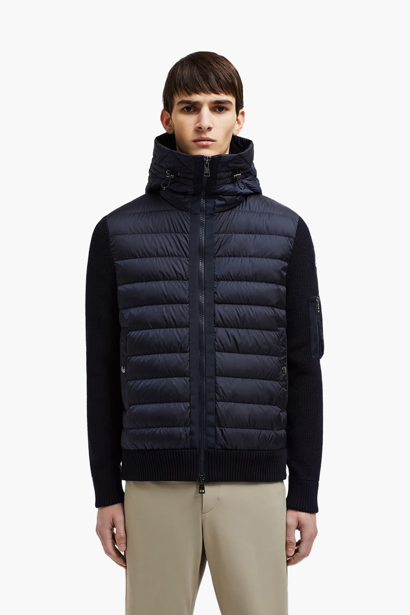 MONCLER Men Padded Zip-Up Cardigan in Navy Blue Wool Blend and Nylon with Hoodie 0