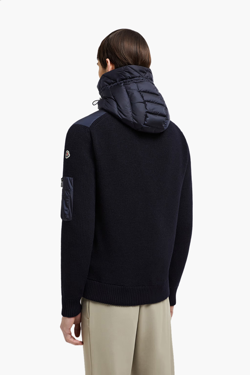 MONCLER Men Padded Zip-Up Cardigan in Navy Blue Wool Blend and Nylon with Hoodie 1