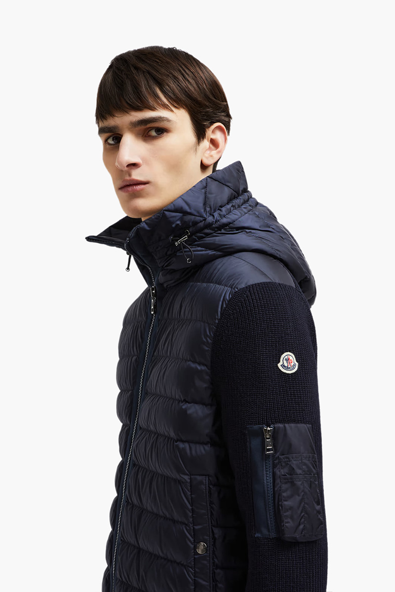 MONCLER Men Padded Zip-Up Cardigan in Navy Blue Wool Blend and Nylon with Hoodie 2