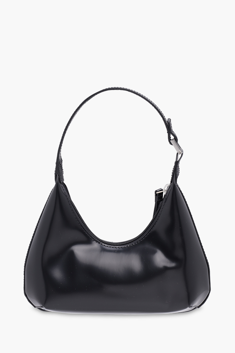 BY FAR Baby Amber Top Zipper Shoulder Bag in Black Semi Patent Leather 1