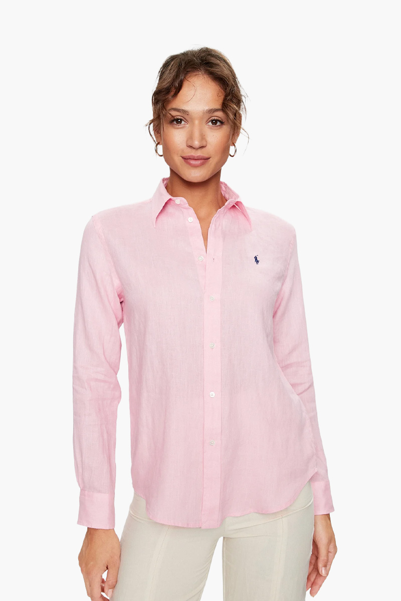 POLO RALPH LAUREN Women Logo Patch Long Sleeves Shirt in Pink Linen 1