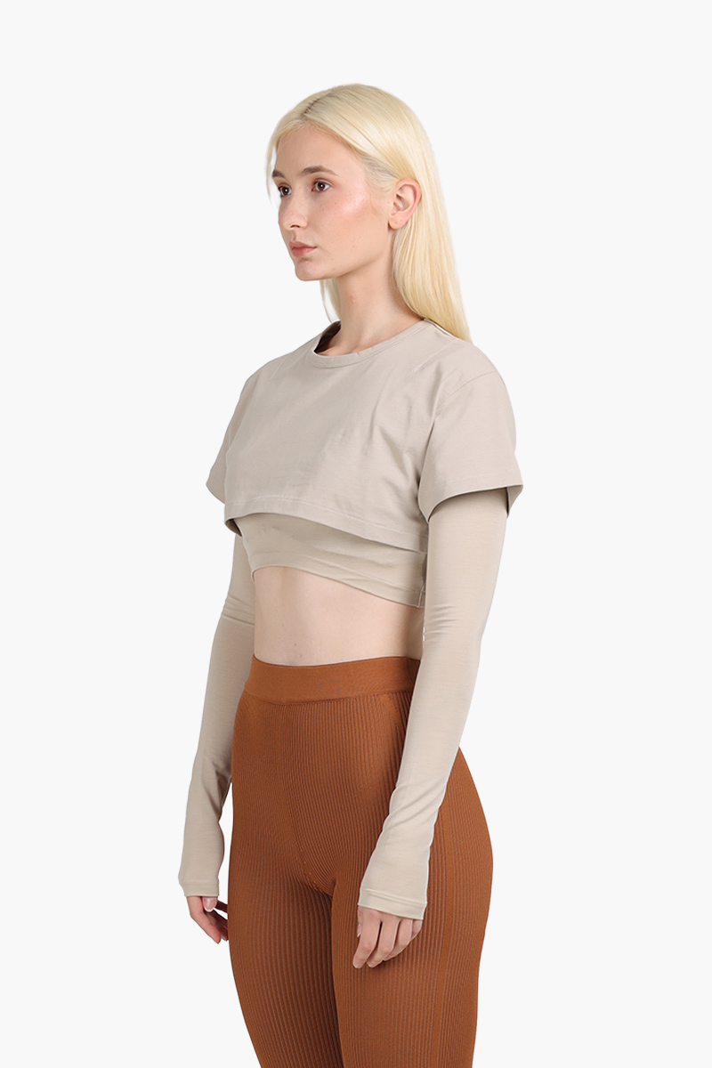 JACQUEMUS Women Le Double Cropped T-Shirt in Light Khaki 2