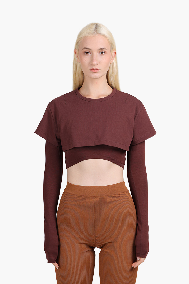 JACQUEMUS Women Le Double Cropped T-Shirt in Dark Brown 0