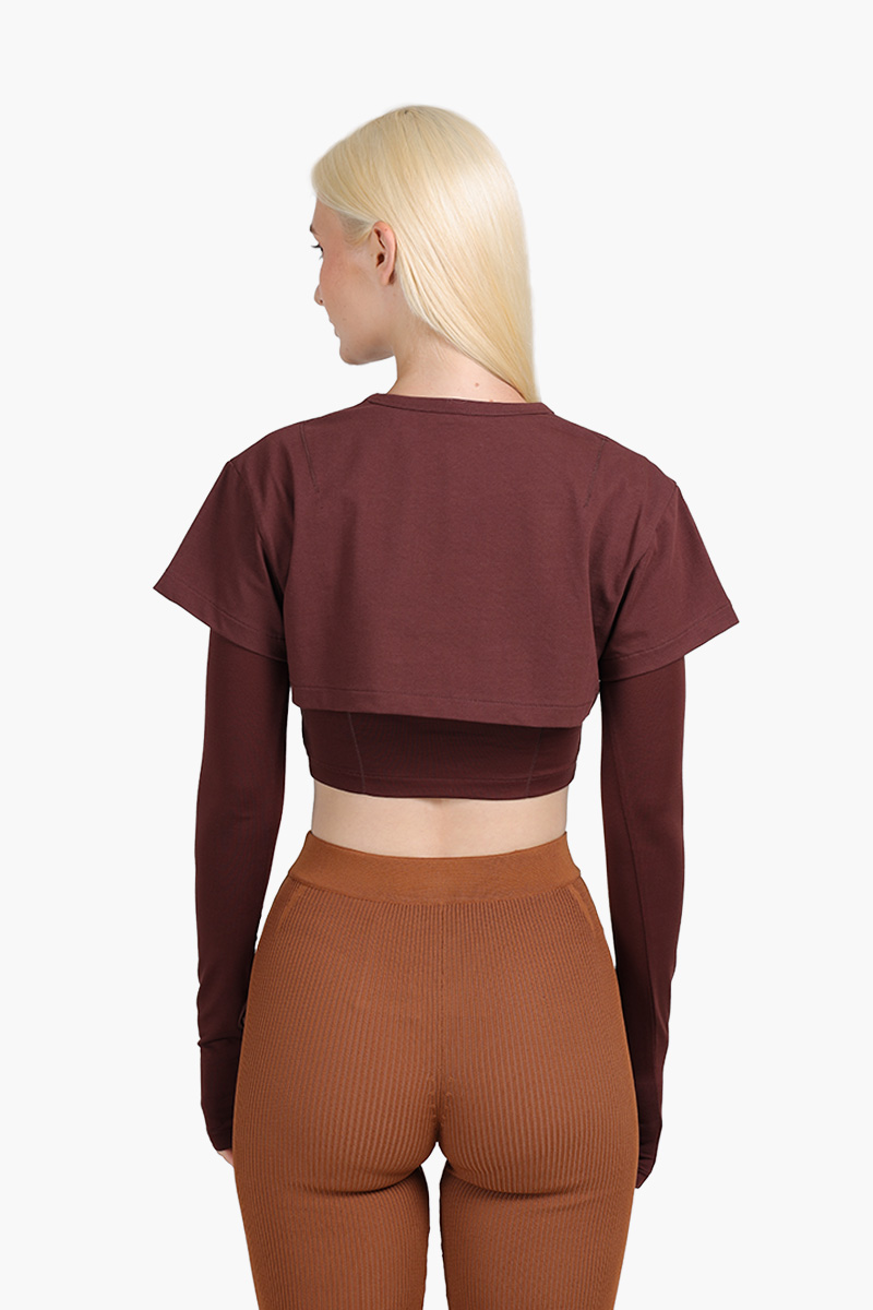 JACQUEMUS Women Le Double Cropped T-Shirt in Dark Brown 1