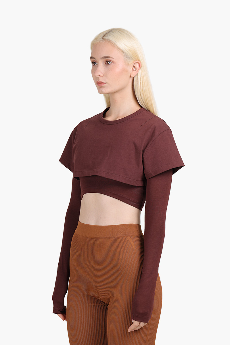 JACQUEMUS Women Le Double Cropped T-Shirt in Dark Brown 2