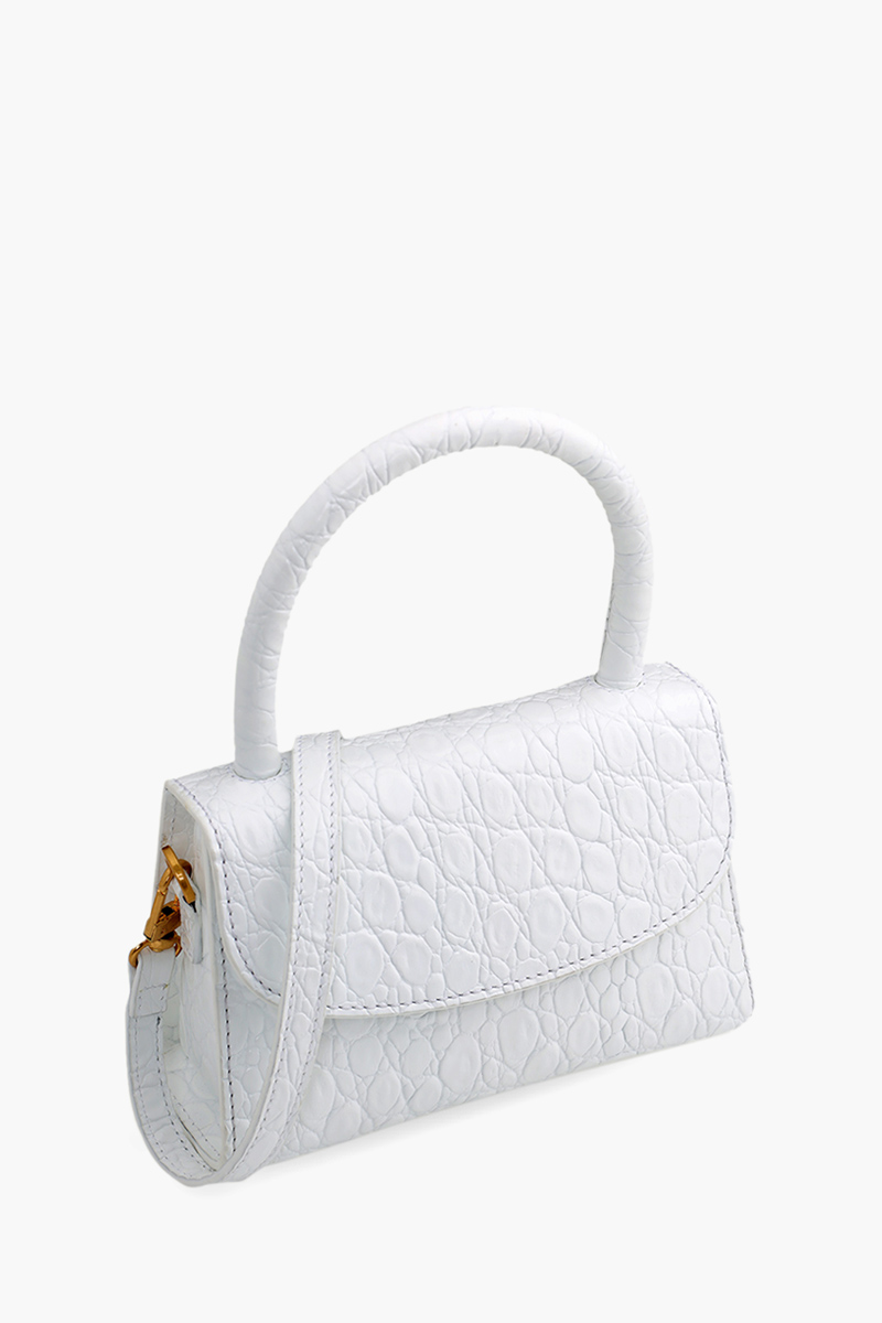 BY FAR Mini Tote Bag in White Circular Croco Embossed Leather with Shoulder Strap 2
