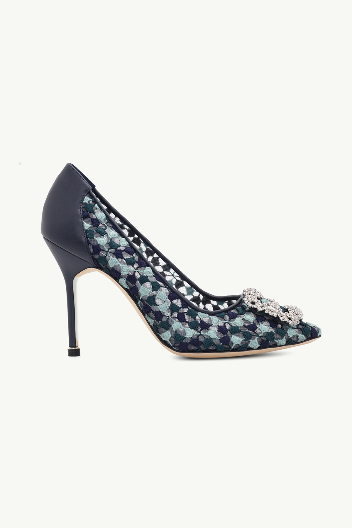 MANOLO BLAHNIK Hangisi Floral Embroidery 10.5cm Pumps in Navy/Turquoise Lace x Nappa with White Crystal 0