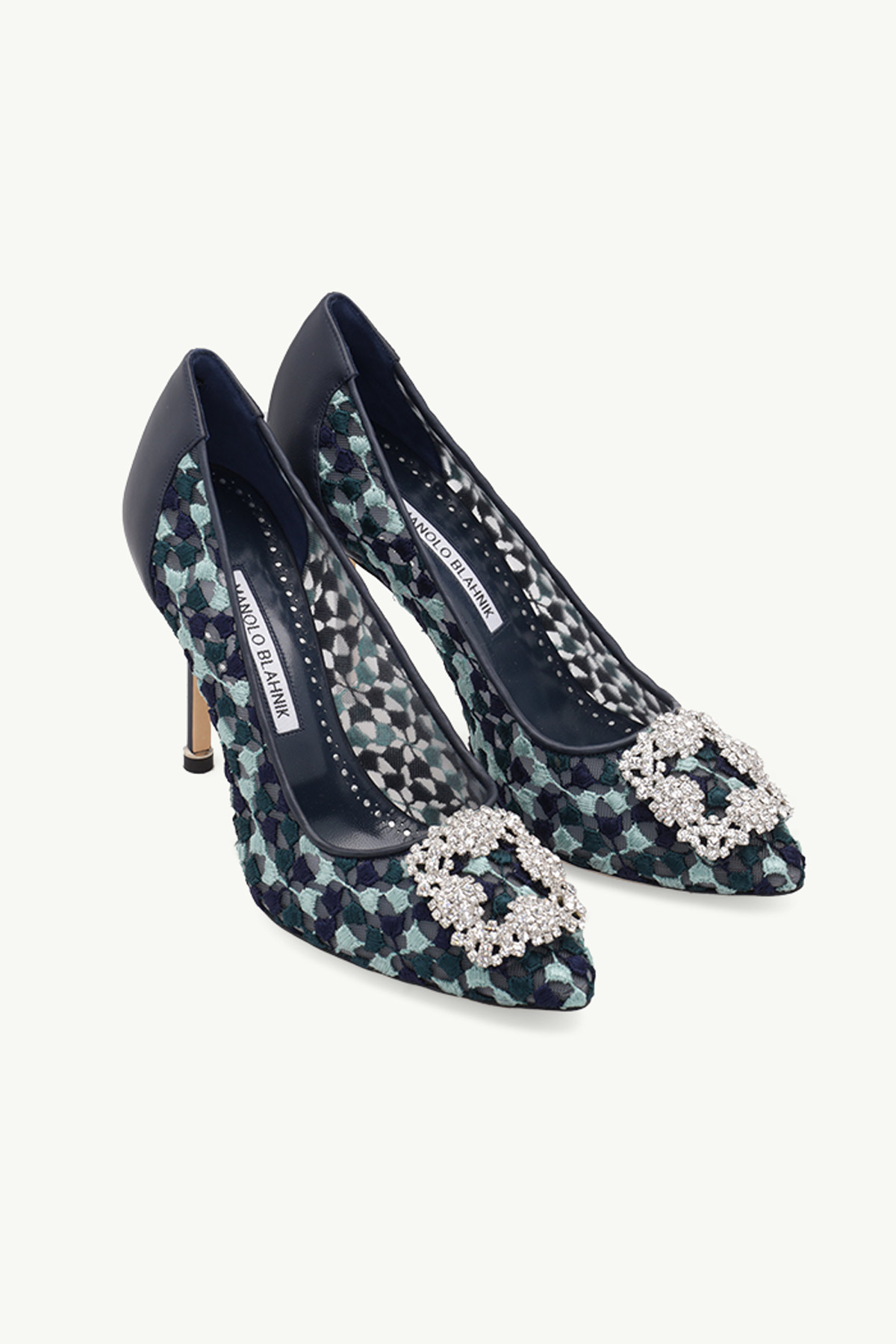 MANOLO BLAHNIK Hangisi Floral Embroidery 10.5cm Pumps in Navy/Turquoise Lace x Nappa with White Crystal 1