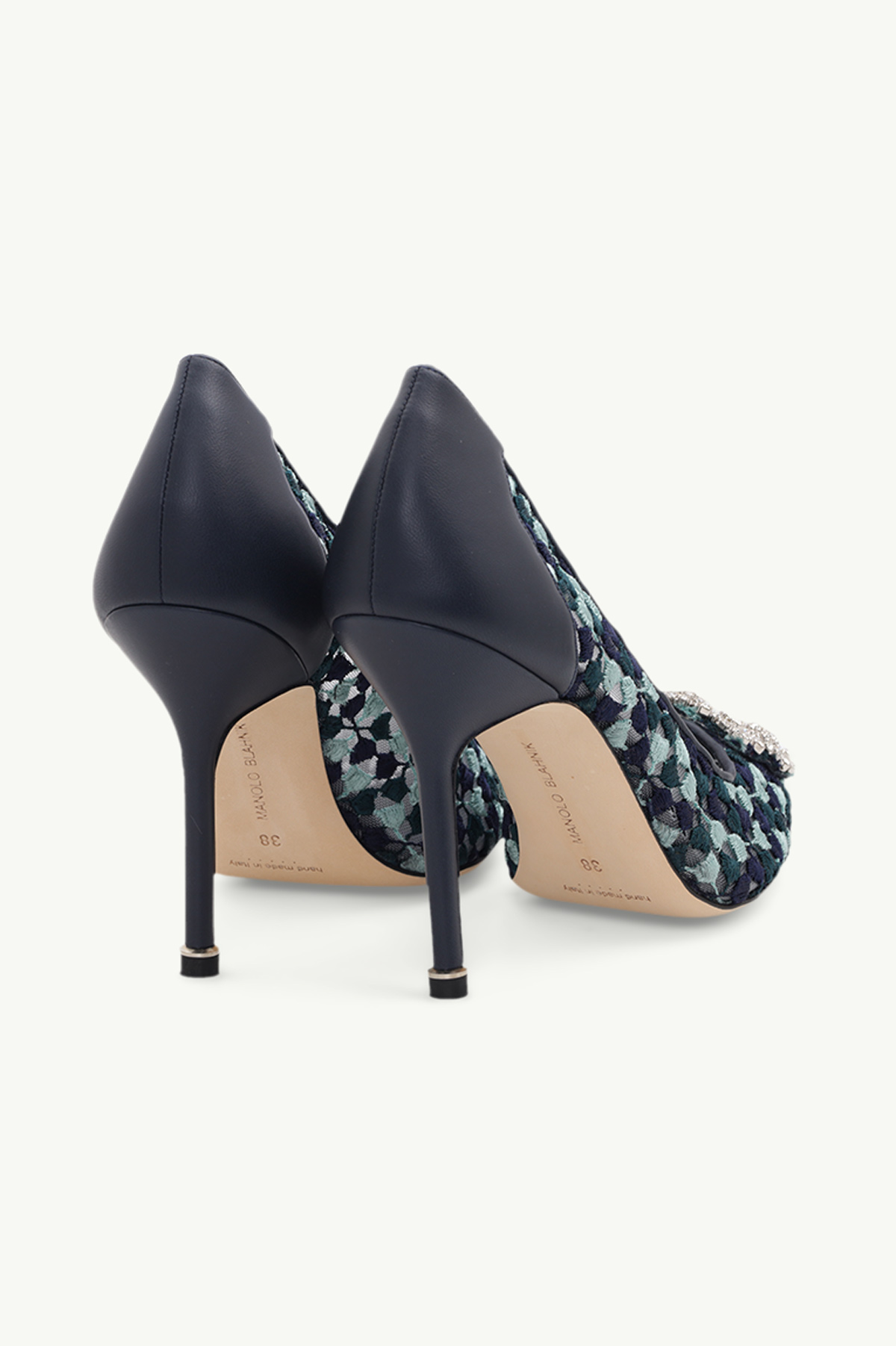 MANOLO BLAHNIK Hangisi Floral Embroidery 10.5cm Pumps in Navy/Turquoise Lace x Nappa with White Crystal 2