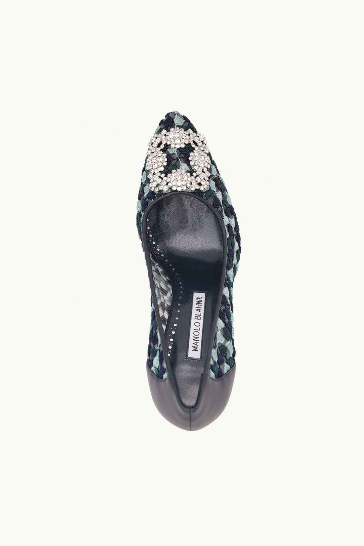MANOLO BLAHNIK Hangisi Floral Embroidery 10.5cm Pumps in Navy/Turquoise Lace x Nappa with White Crystal 3