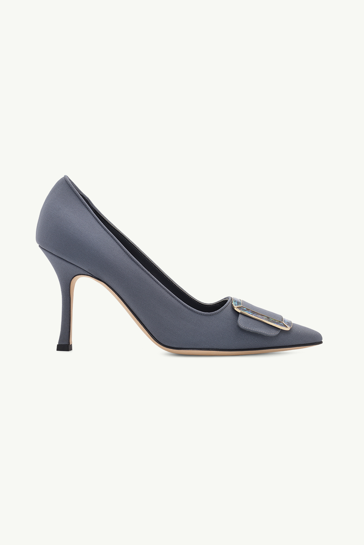 MANOLO BLAHNIK Maysale Pumps 90mm in Navy Blue Crepe De Chine with Pearl Buckle 0