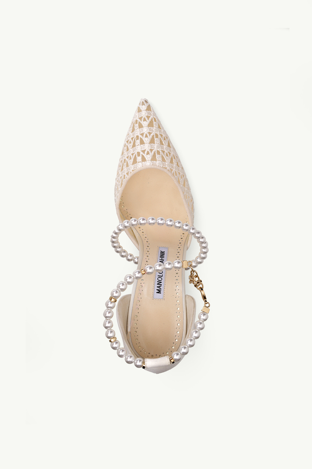 MANOLO BLAHNIK Riona Ankle Strap Pumps 10.5cm in Ivory Lace x Satin with Pearls 3