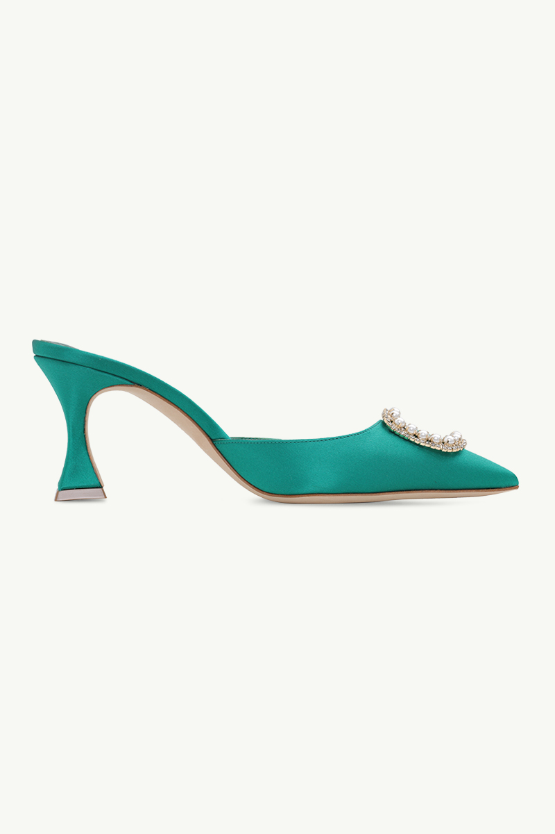 MANOLO BLAHNIK Fabeta Mules 7cm in Bright Green Satin with Crystal & Pearls 0