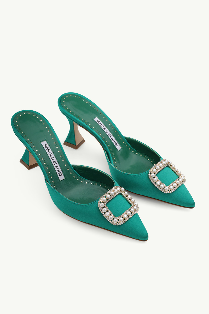 MANOLO BLAHNIK Fabeta Mules 7cm in Bright Green Satin with Crystal & Pearls 1