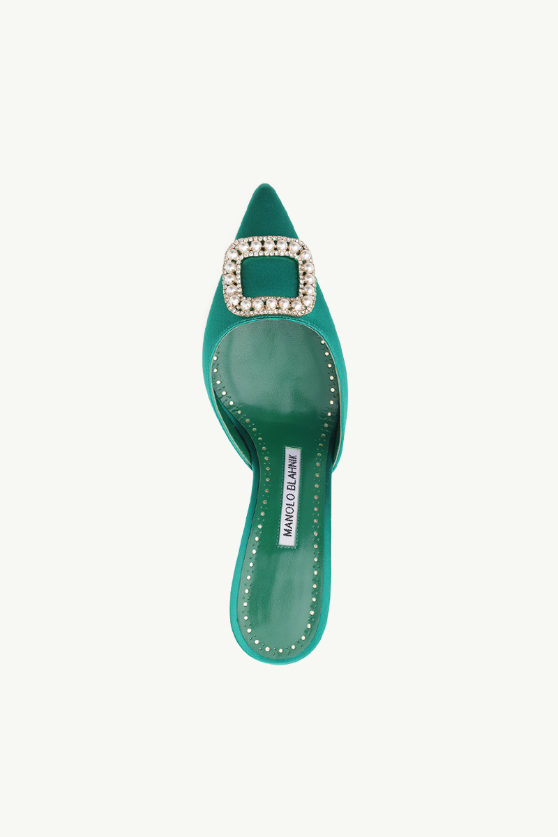 MANOLO BLAHNIK Fabeta Mules 7cm in Bright Green Satin with Crystal & Pearls 3