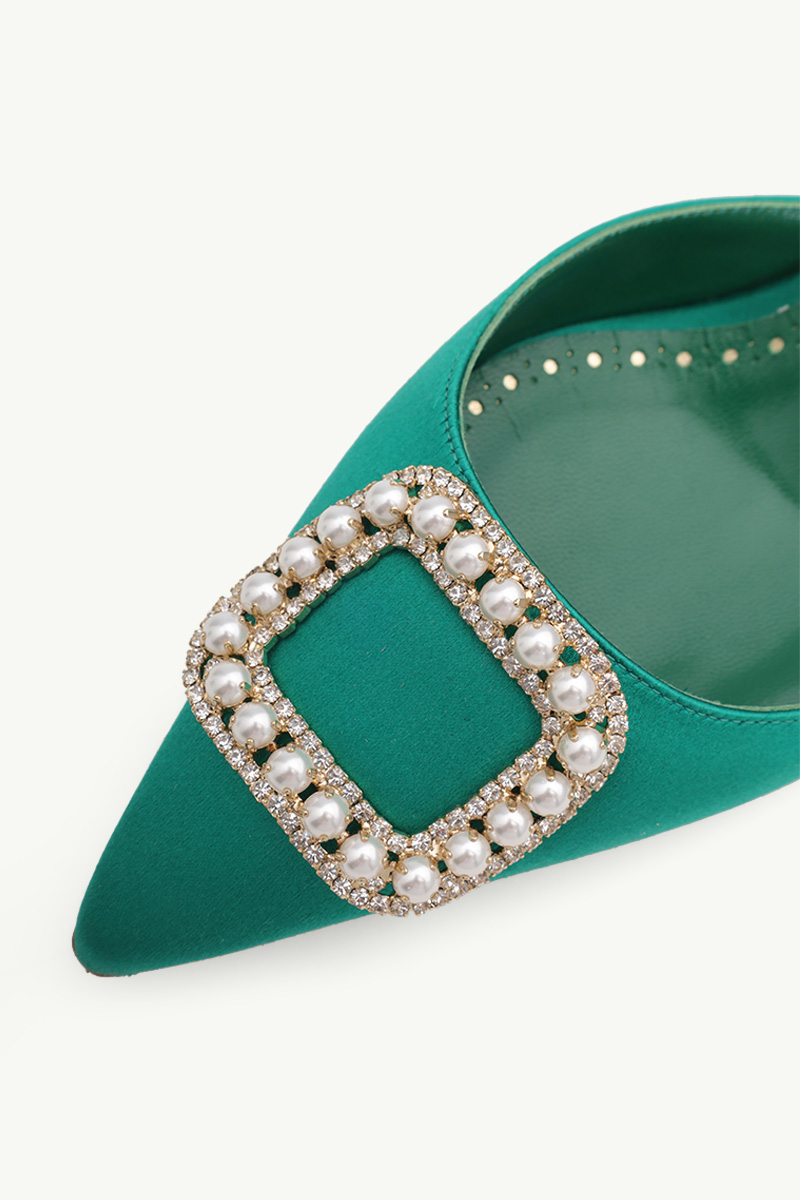 MANOLO BLAHNIK Fabeta Mules 7cm in Bright Green Satin with Crystal & Pearls 4