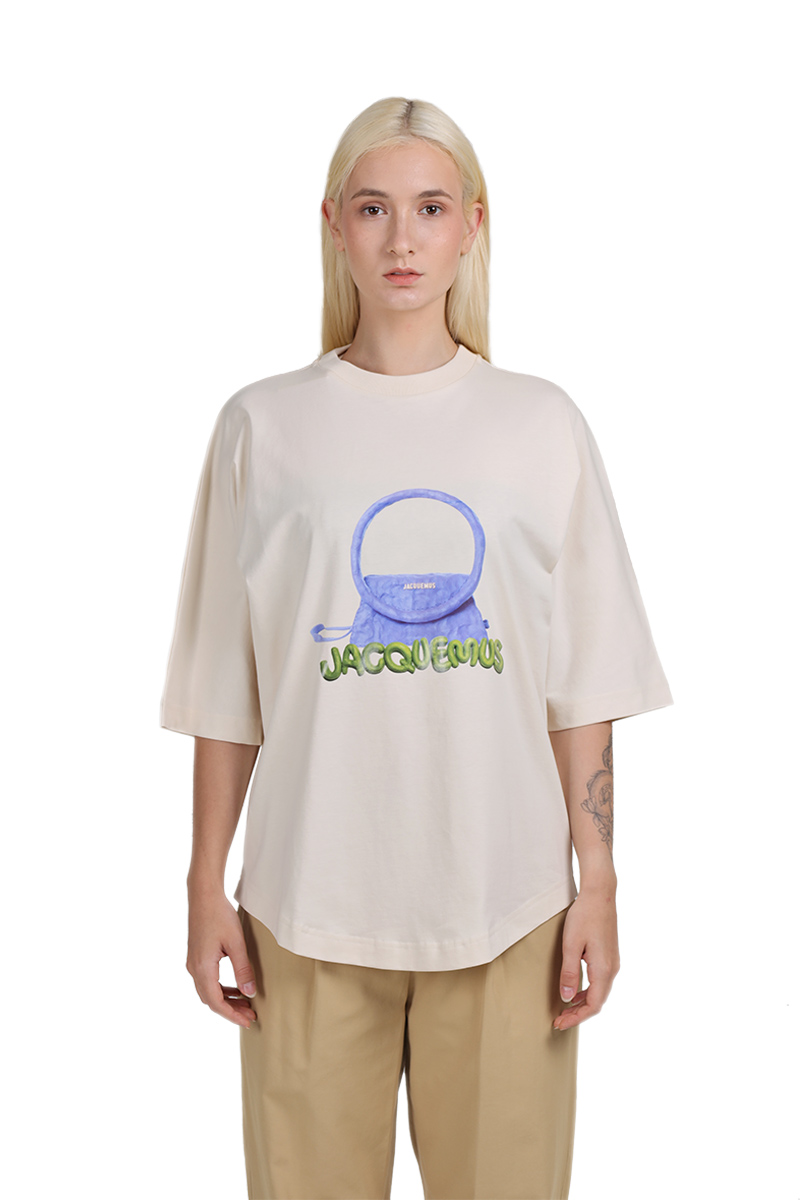 JACQUEMUS Le Sac Rond Boxy Fit T-Shirt in Beige with Embroidered Clay Logo 3