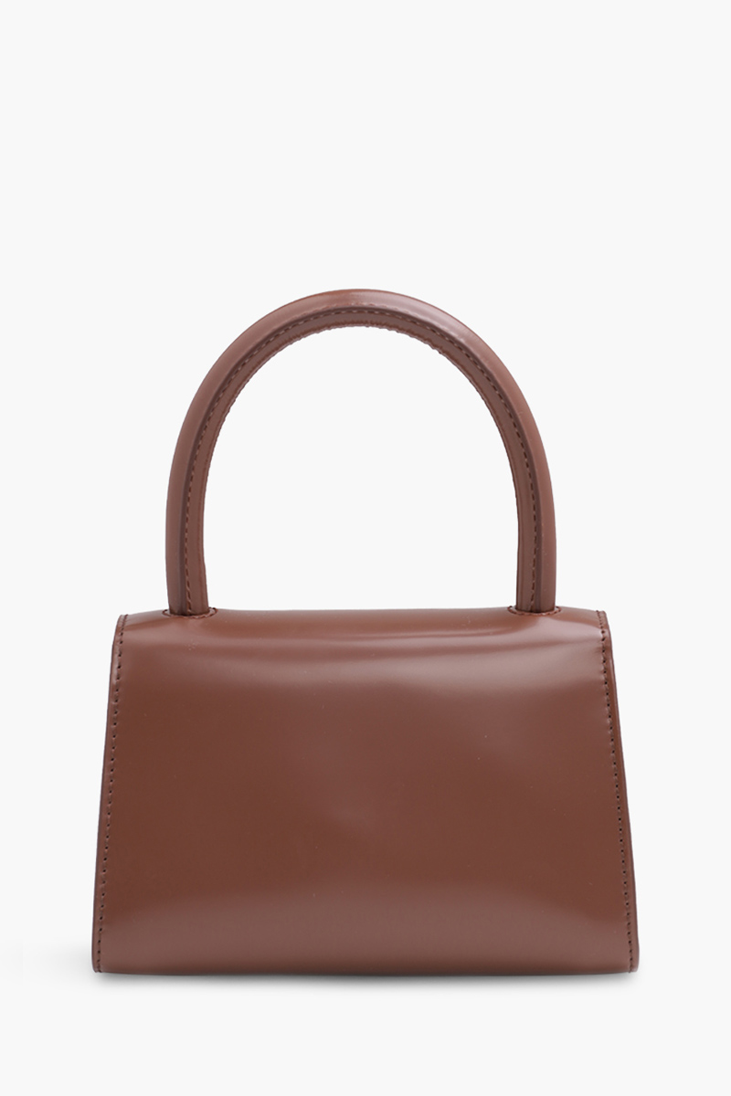 BY FAR The Mini Handbag in Tabac Semi Patent Leather 1