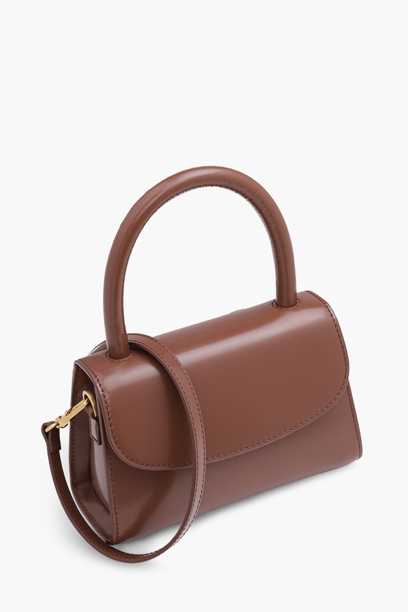 BY FAR The Mini Handbag in Tabac Semi Patent Leather 2