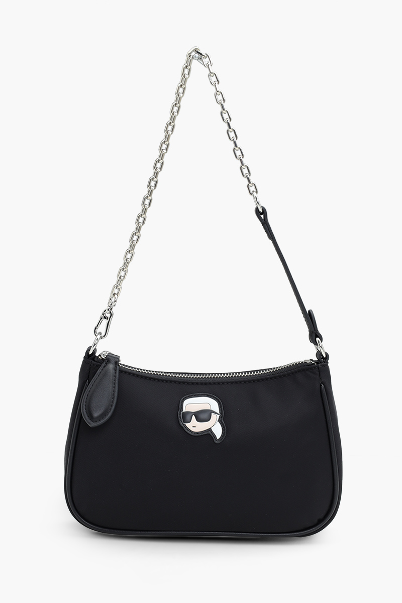 KARL LAGERFELD Small K/Ikonik 2.0 Zip Chain Shoulder Bag in Black Nylon 0