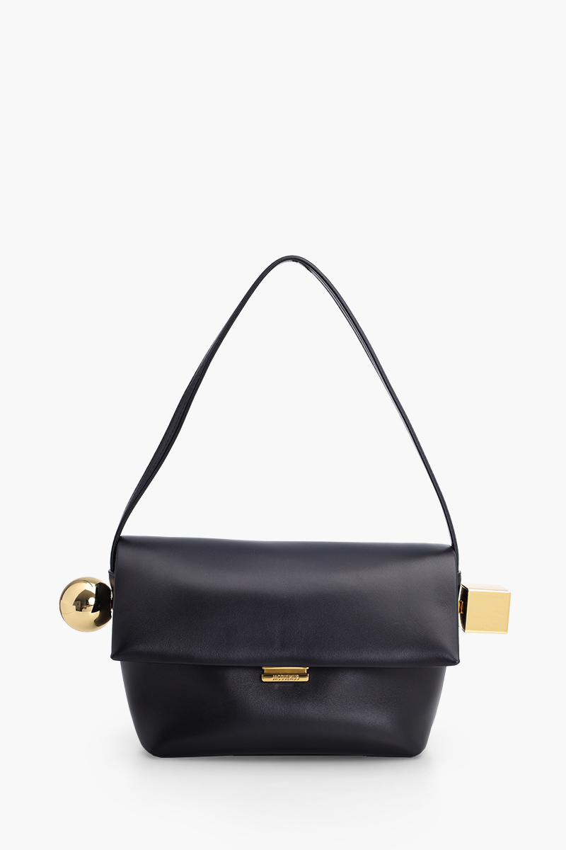 JACQUEMUS Le Rond Carre Flap Shoulder Bag in Black Leather 0