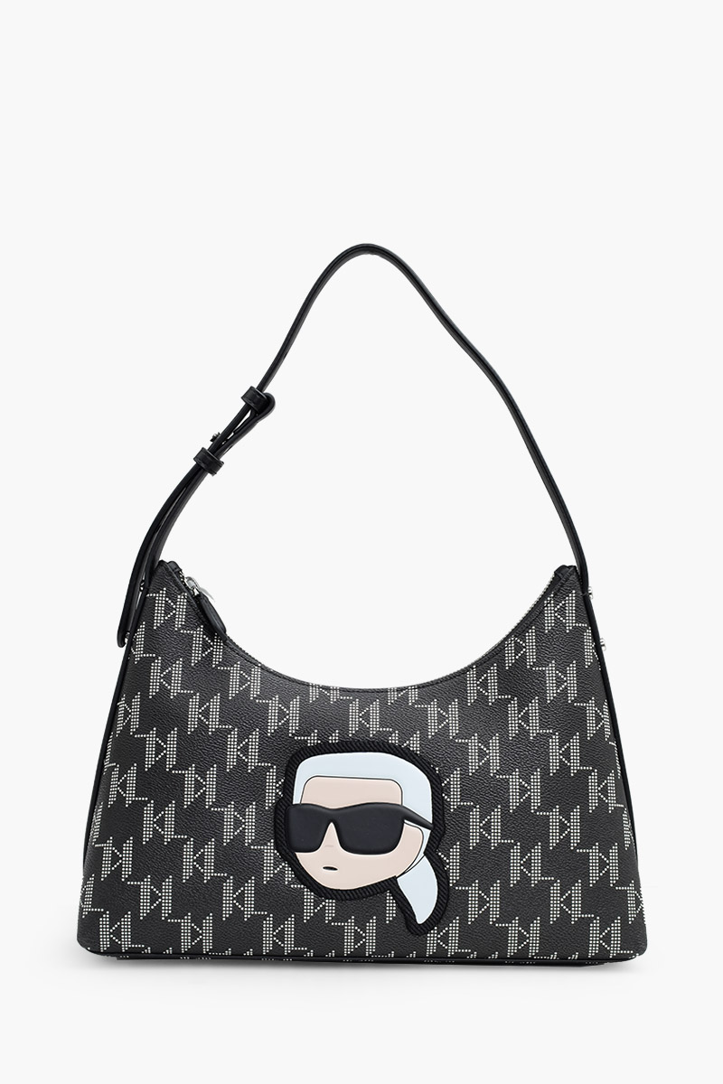 KARL LAGERFELD K/Ikonik 2.0 All Over Monogram Logo Shoulder Bag in Black Coated Canvas 0