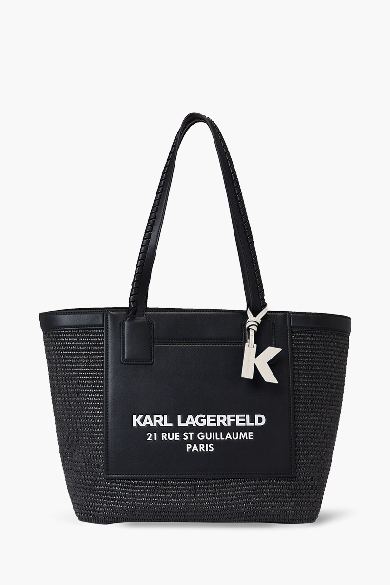 KARL LAGERFELD Large Rue St-Guillaume Tote Bag in Black Raffia/Leather 0