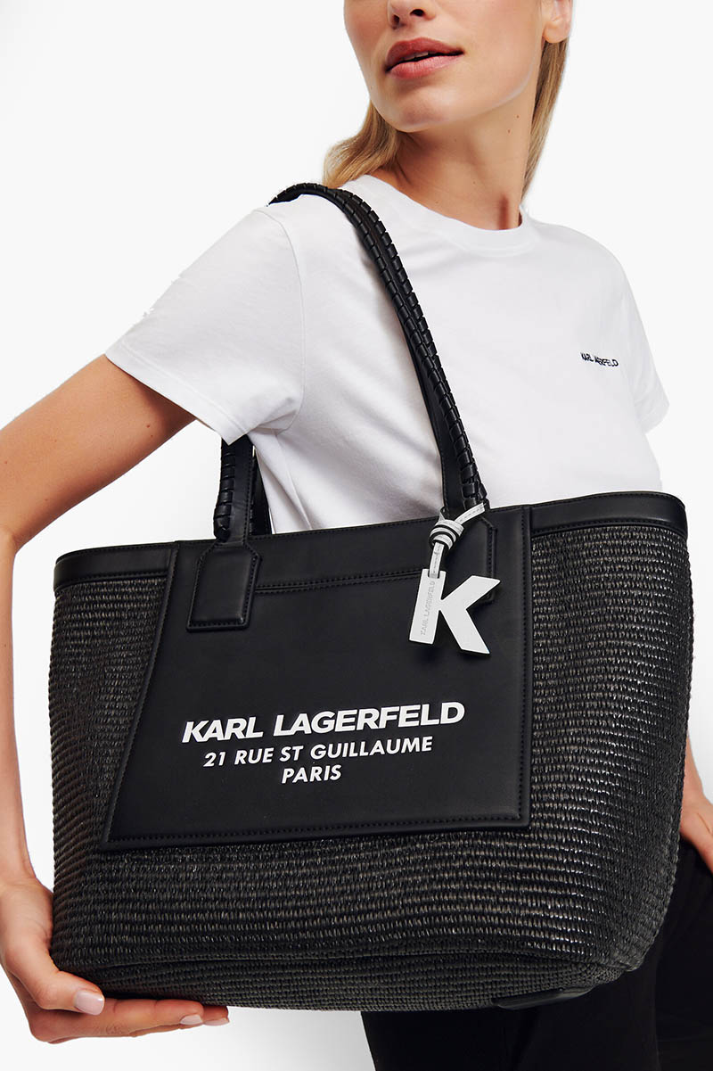 KARL LAGERFELD Large Rue St-Guillaume Tote Bag in Black Raffia/Leather 3